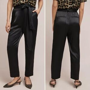 Anthropologie ETT TWA Black Satin Pants 14 belted tie waist high rise trousers